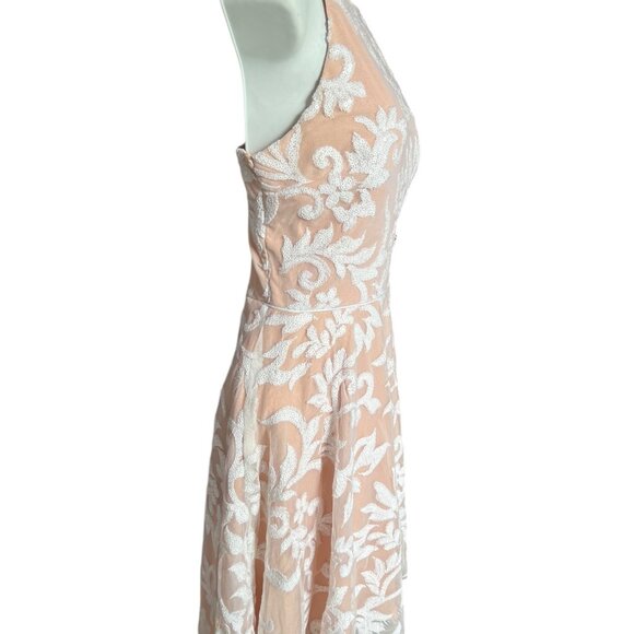 Jodi Kristopher Peach Dress w/ White Floral Sequin Overlay Womens Size 9 Lined - Picture 4 of 13